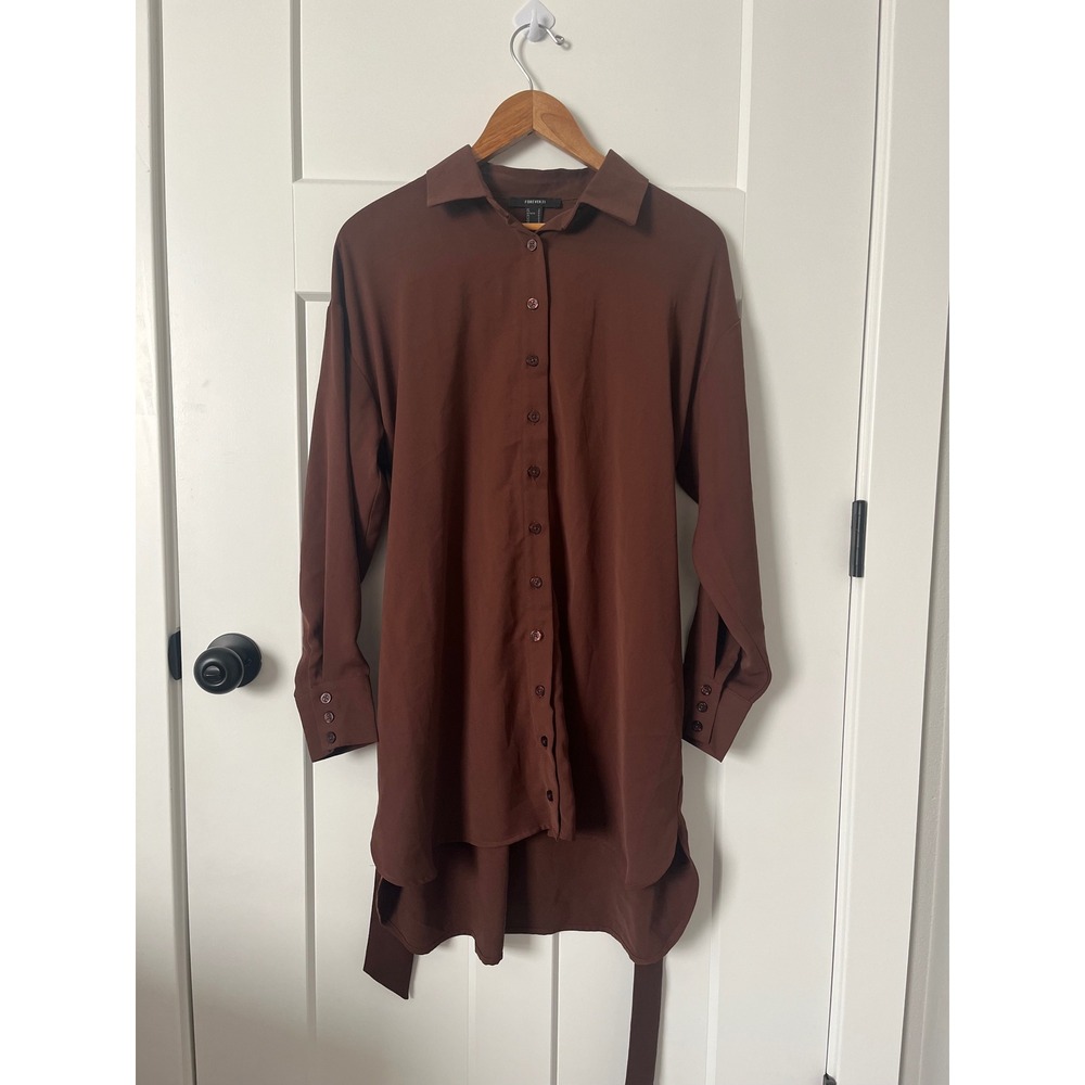 Forever 21 Women Brown Long Sleeve Button Down Belted Shirt Dress Size S Small